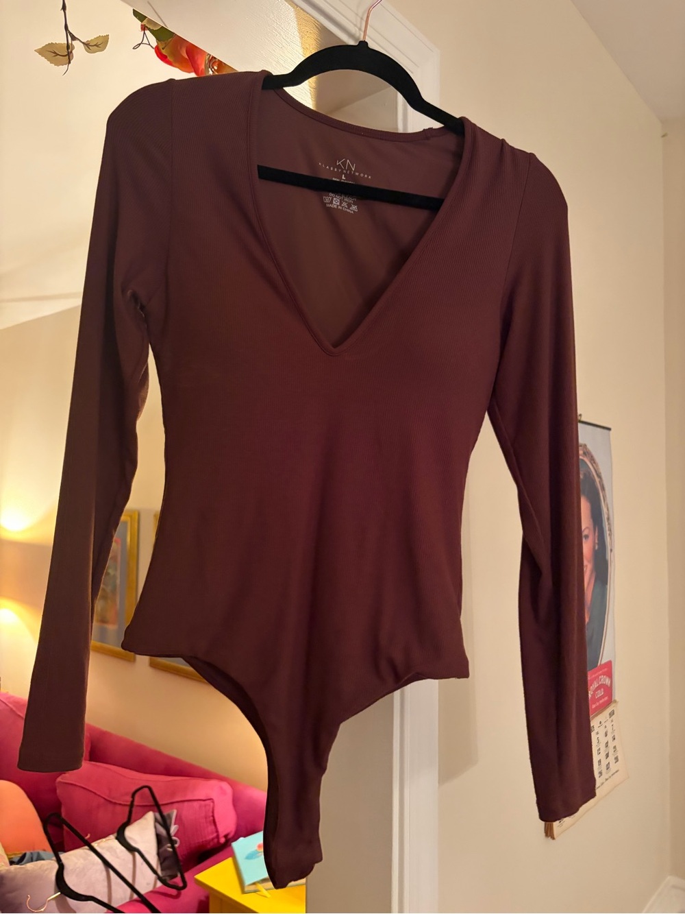 Klassy Network  Long-Sleeve deep  V-Neck Brown Bodysuit size large like new